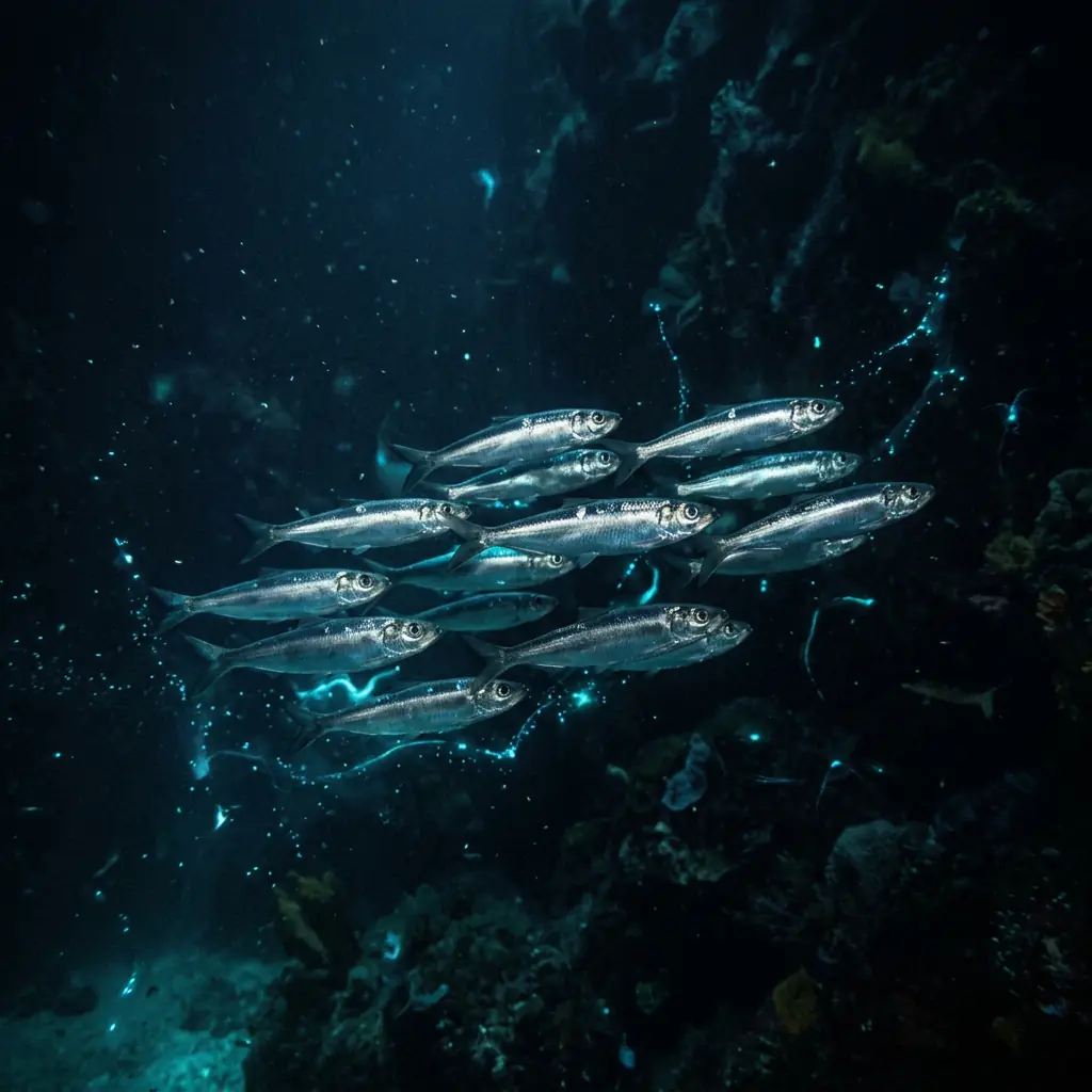 Atlantic Herring school (Clupea harengus) — massive bait ball formation, silver light cutting through oceanic darkness, thousands of identical fish.